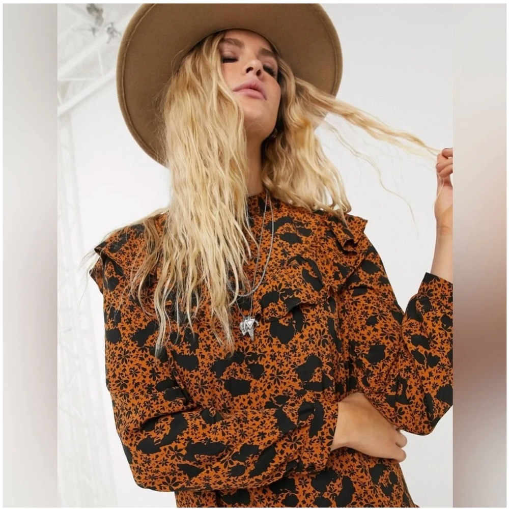 Topshop Orange Floral Leopard Print Ruffle Prairie Blouse Puff Sleeve Boho Top 6